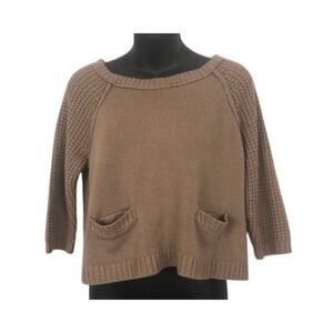 Kirra Knit Cropped Sweater Pockets 3/4 Sleeve Brown Pullover Casual Comfy Size S